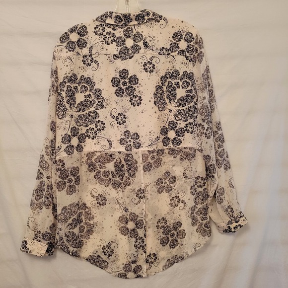 LC Lauren Conrad XL Blouse Cream Black Floral Longsleeve Sheer Button Up - Picture 13 of 16